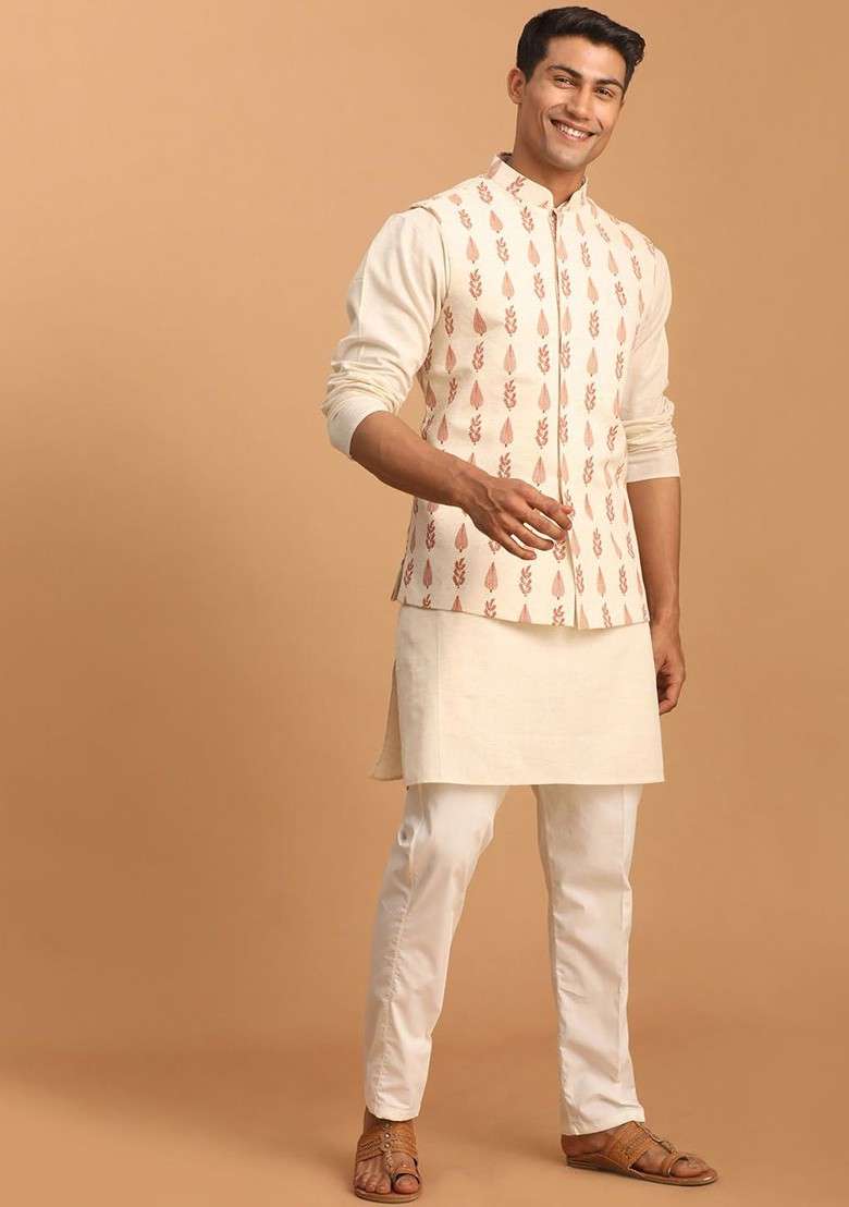 Cream Solid Cotton Kurta Set For Men - Indya