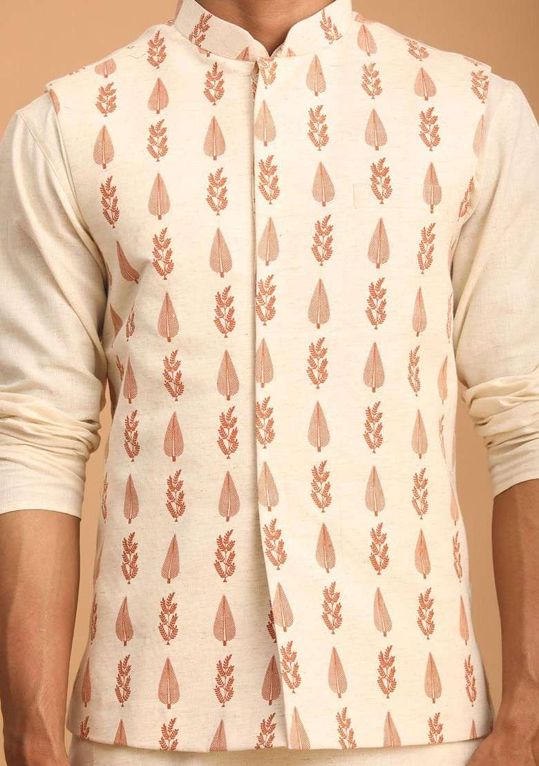 Cream Solid Cotton Kurta Set For Men - Indya