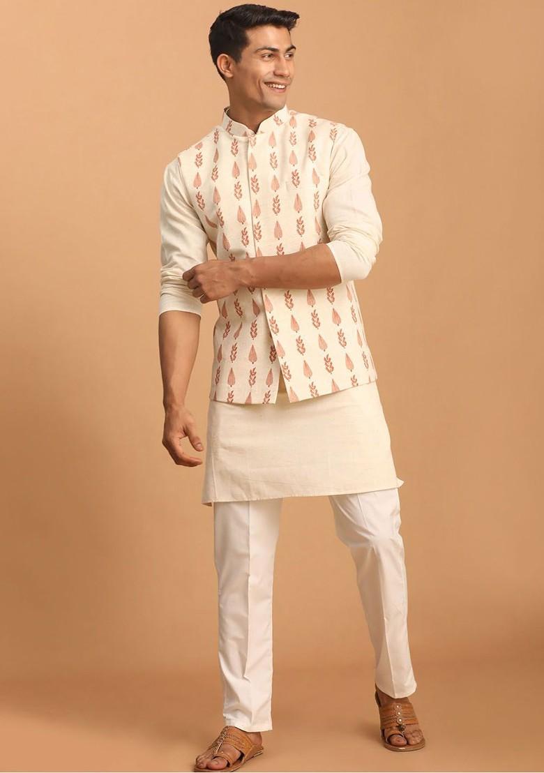 Cream Solid Cotton Kurta Set For Men