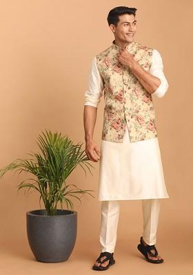 Cream Solid Poly Blend Kurta Set For Men