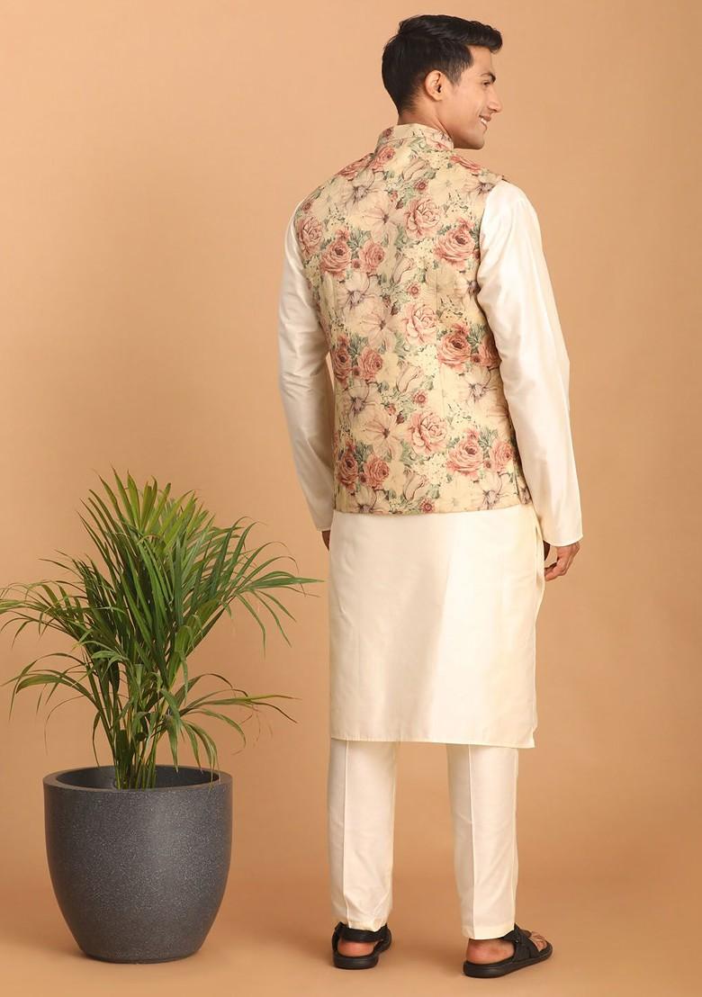 Cream Solid Poly Blend Kurta Set For Men