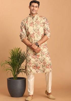Beige Floral Print Poly Blend Kurta Set For Men