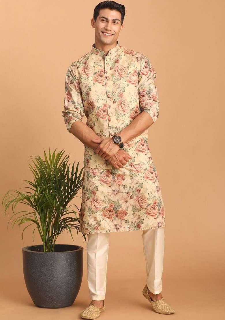 Beige Floral Print Poly Blend Kurta Set For Men - Indya