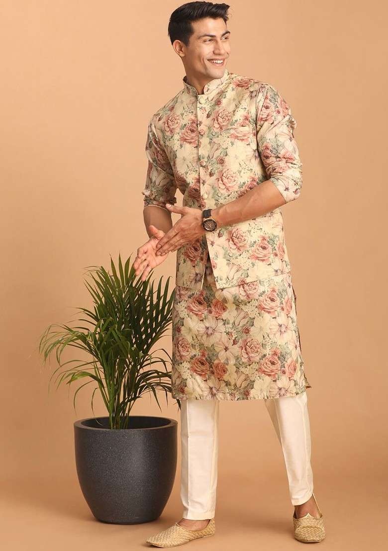 Beige Floral Print Poly Blend Kurta Set For Men - Indya