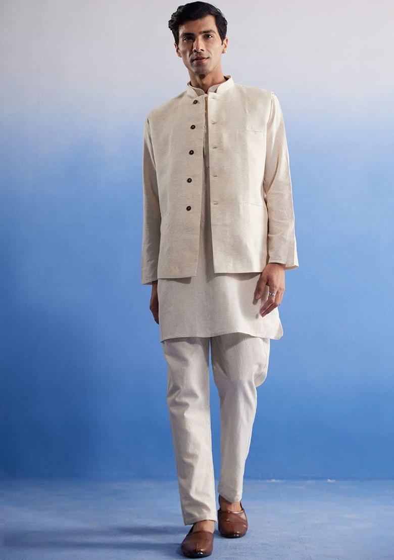 Cream Solid Cotton Kurta Set For Men