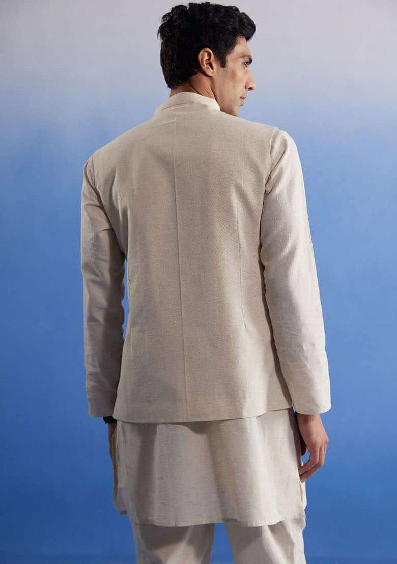 Cream Solid Cotton Kurta Set For Men - Indya