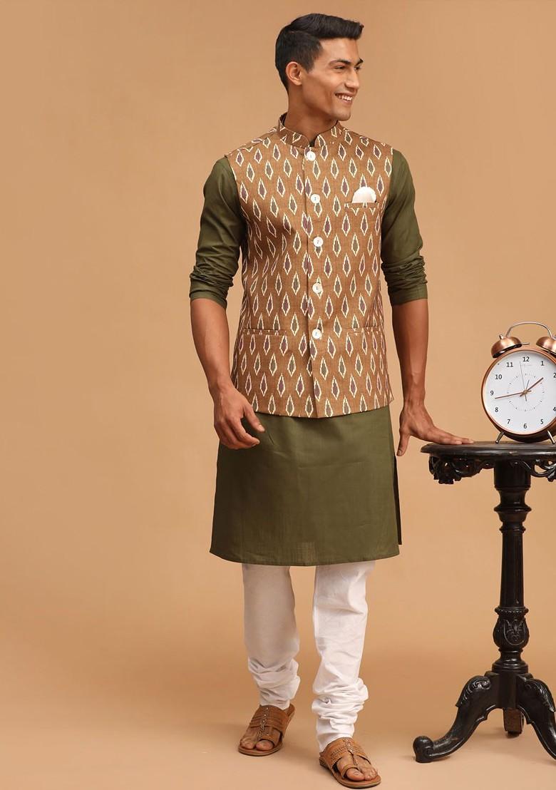 Olive Solid Poly Blend Kurta Set For Men