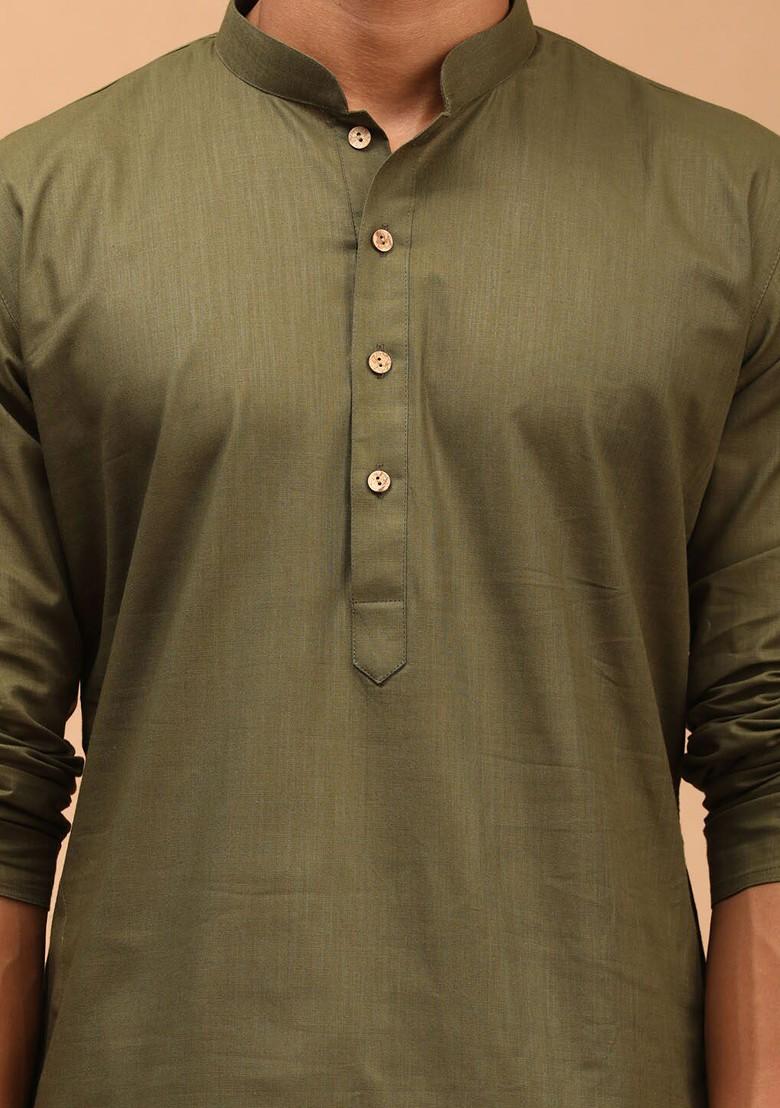 Olive Solid Poly Blend Kurta Set For Men