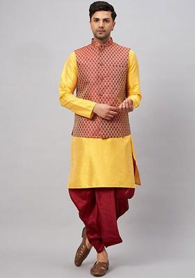 Yellow Solid Poly Blend Kurta Set For Men