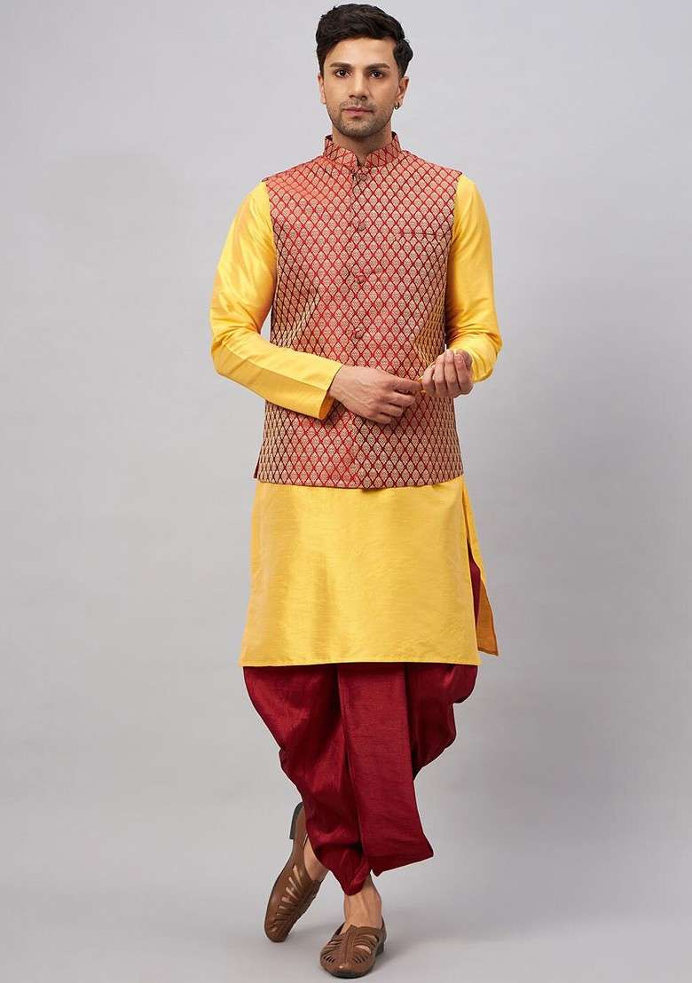Yellow Solid Poly Blend Kurta Set For Men - Indya