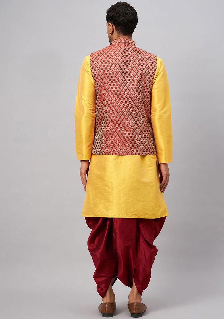Yellow Solid Poly Blend Kurta Set For Men