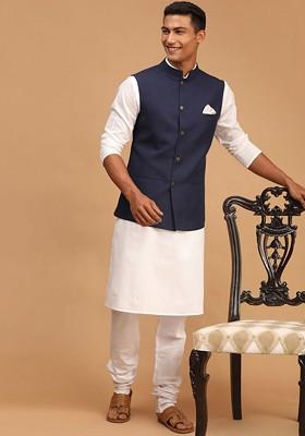 White Solid Poly Blend Kurta Set For Men