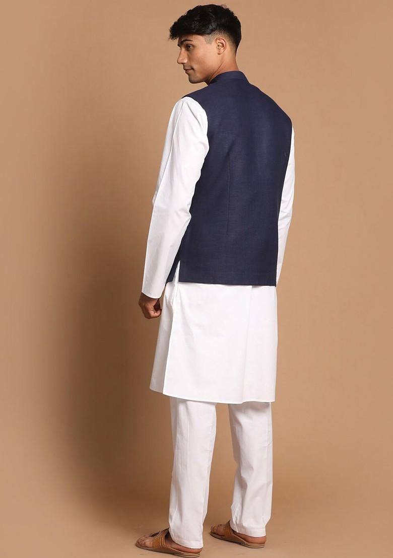 White Solid Cotton Kurta Set For Men