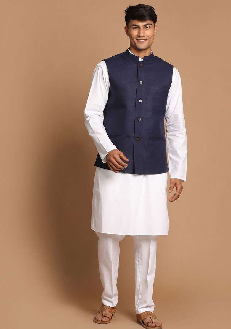 White Solid Cotton Kurta Set For Men - Indya