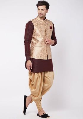 Burgundy Woven Poly Blend Kurta Set For Men