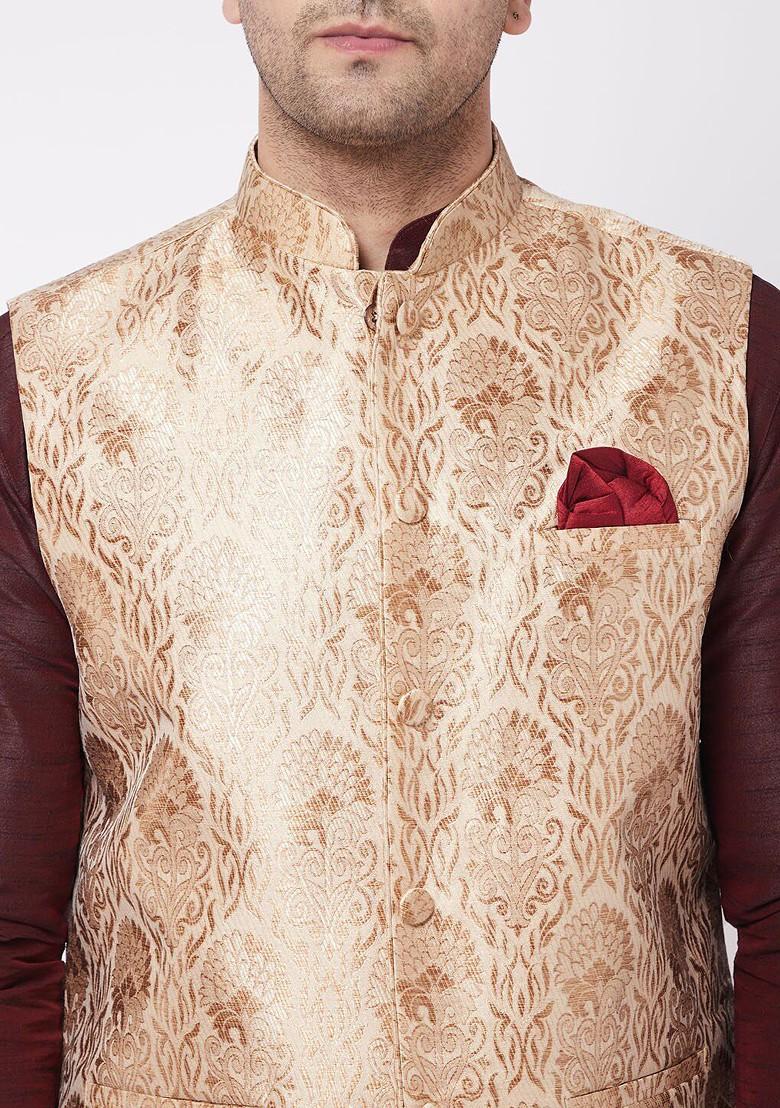 Burgundy Woven Poly Blend Kurta Set For Men
