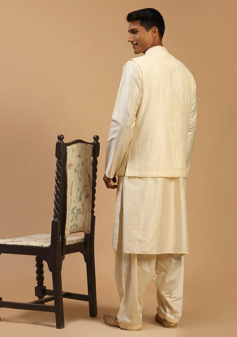 Cream Embroidered Poly Blend Kurta Set For Men