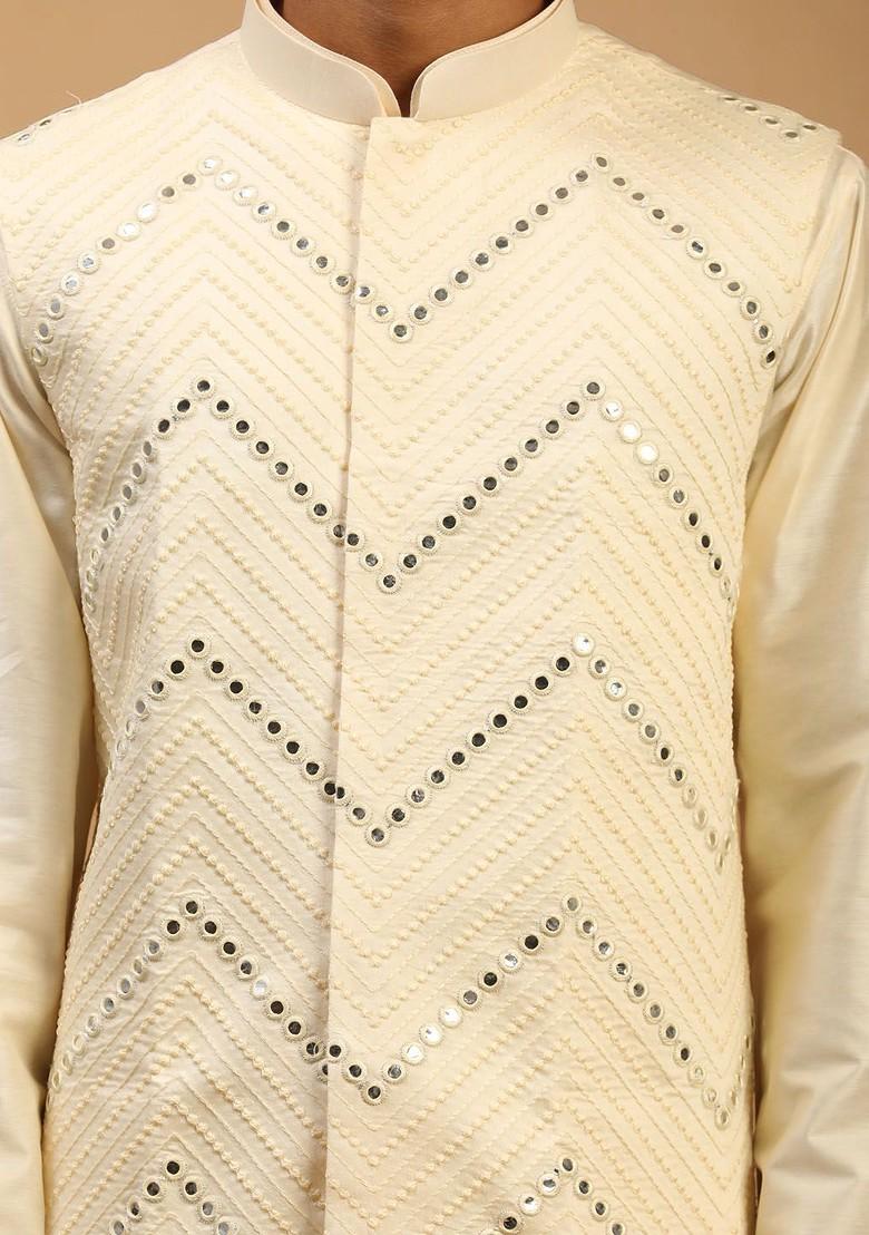 Cream Embroidered Poly Blend Kurta Set For Men