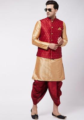 Rose Gold Woven Poly Blend Kurta Set For Men