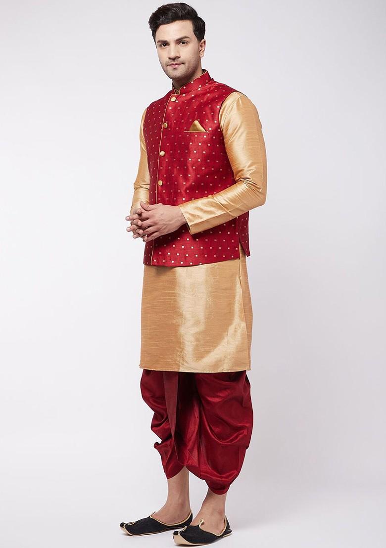 Rose Gold Woven Poly Blend Kurta Set For Men