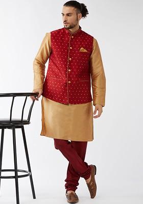Gold Solid Poly Blend Kurta Set For Men