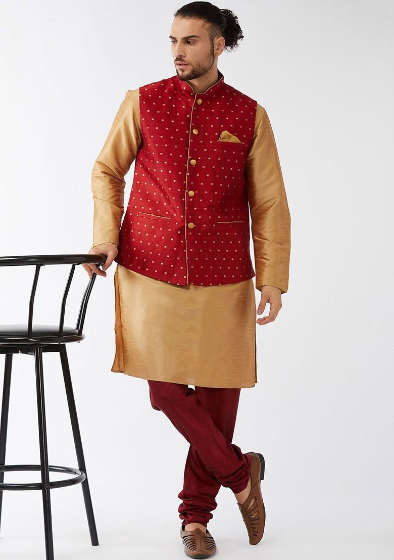 Gold Solid Poly Blend Kurta Set For Men