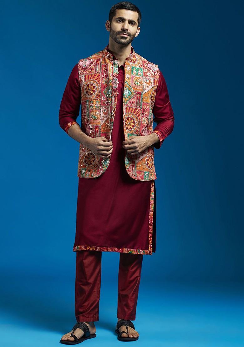 Maroon Thread Work Poly Blend Kurta Set For Men