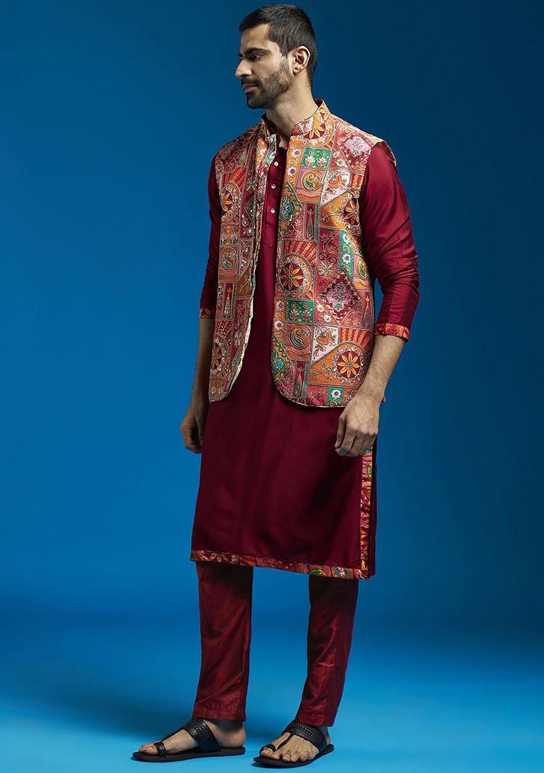 Maroon Thread Work Poly Blend Kurta Set For Men