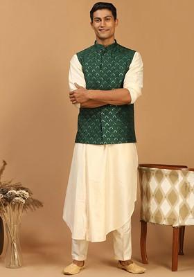 Cream Solid Poly Blend Kurta Set For Men