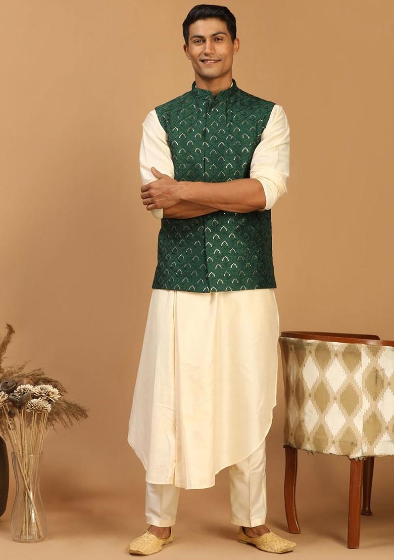 Cream Solid Poly Blend Kurta Set For Men