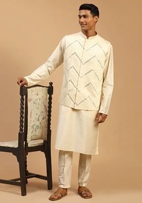 Cream Mirror Work Poly Blend Kurta Set For Men