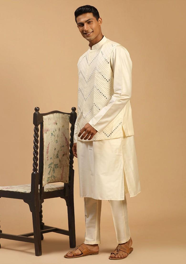 Cream Mirror Work Poly Blend Kurta Set For Men