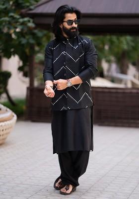 Black Embroidered Poly Blend Kurta Set For Men