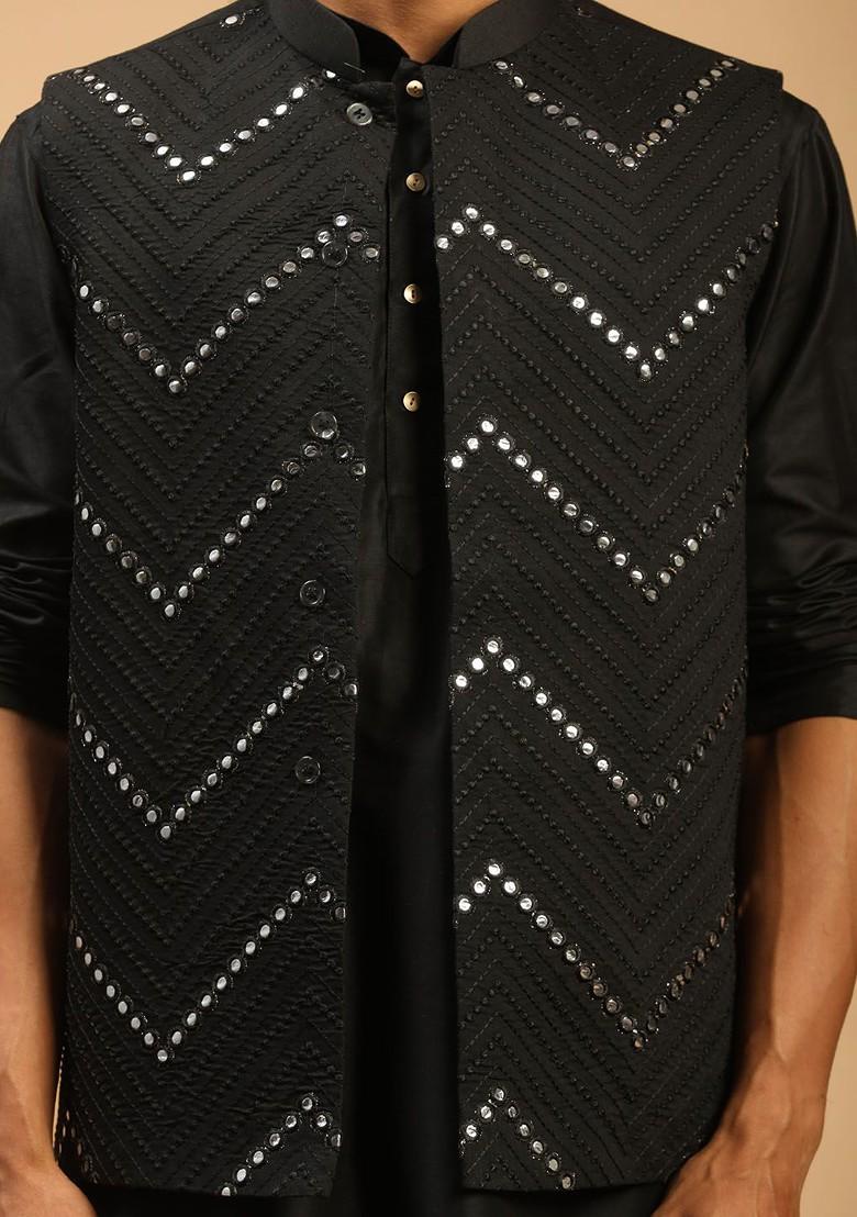 Black Embroidered Poly Blend Kurta Set For Men
