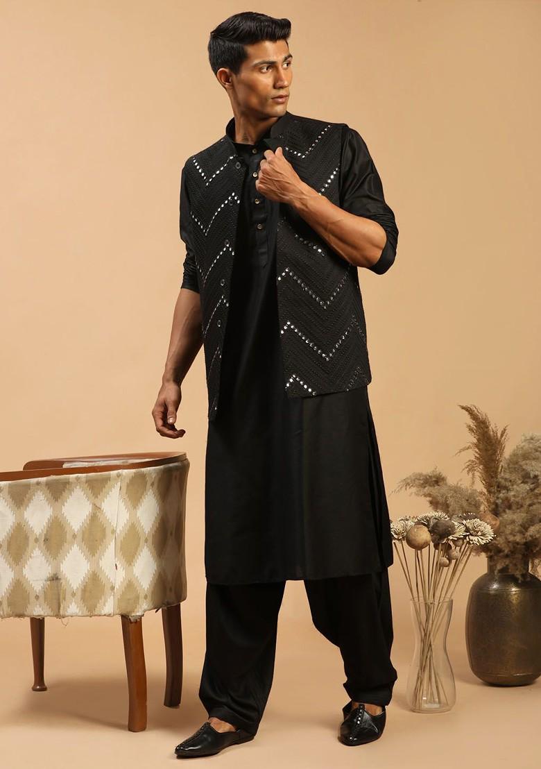 Black Embroidered Poly Blend Kurta Set For Men