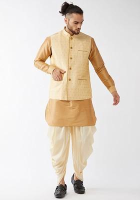 Rose Gold Woven Poly Blend Kurta Set For Men