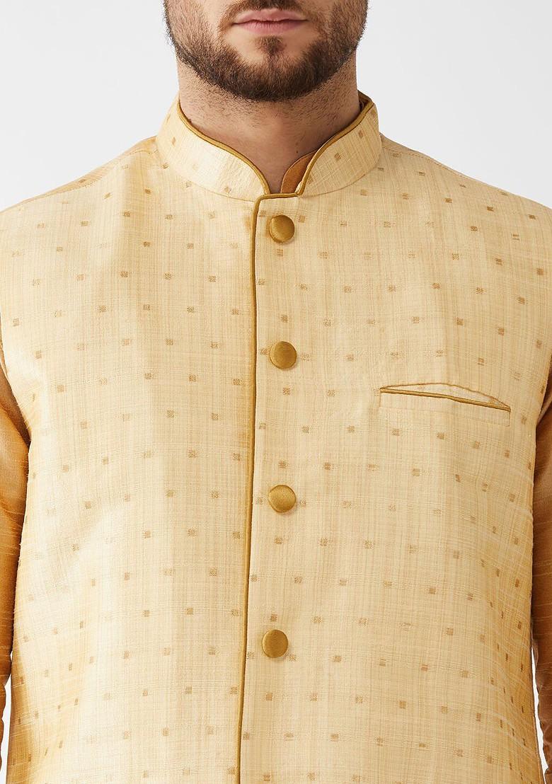 Rose Gold Woven Poly Blend Kurta Set For Men