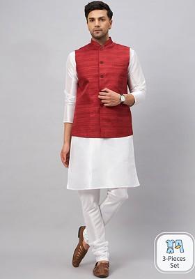 White Solid Poly Blend Kurta Set For Men