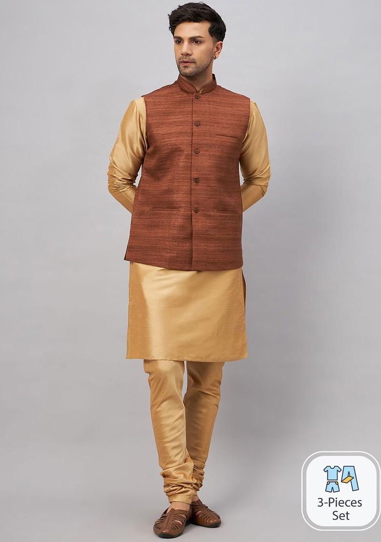 Gold Solid Poly Blend Kurta Set For Men