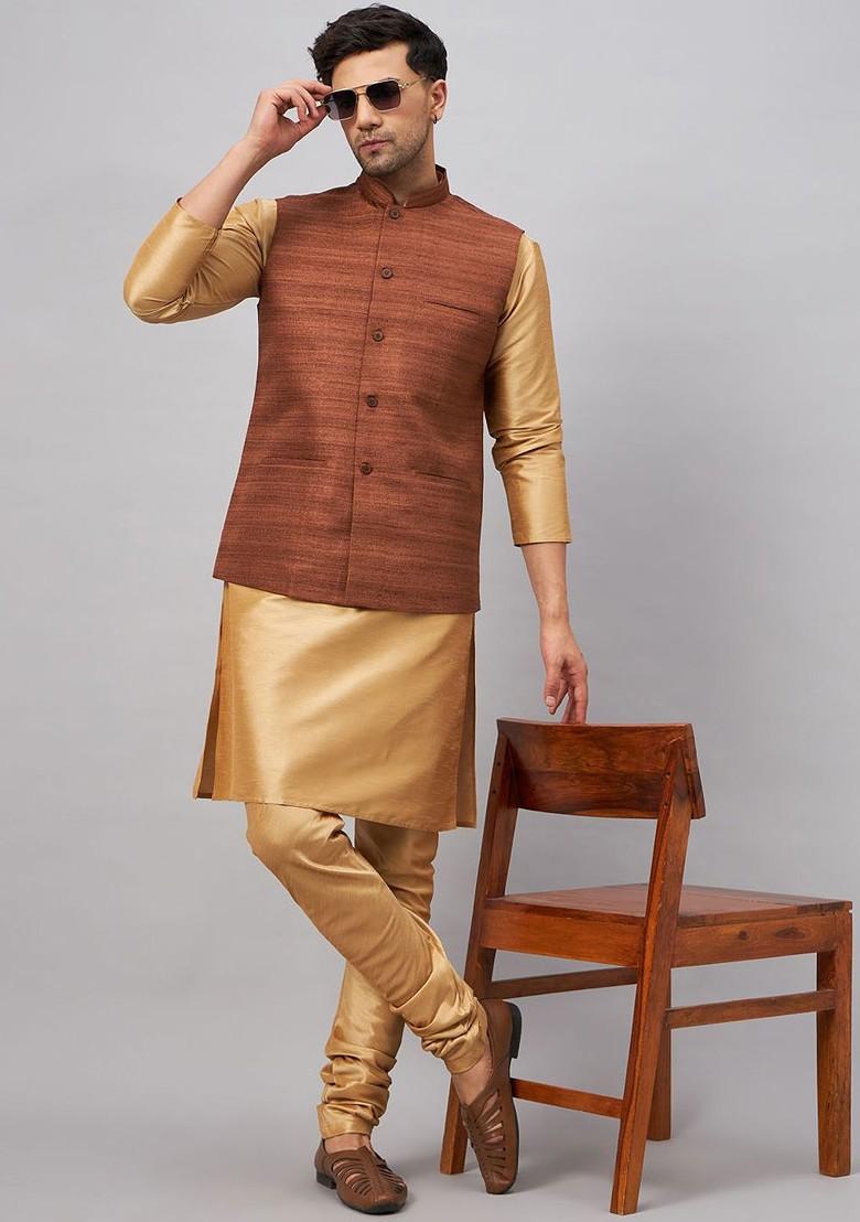 Gold Solid Poly Blend Kurta Set For Men