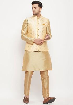 Gold Solid Poly Blend Kurta Set For Men