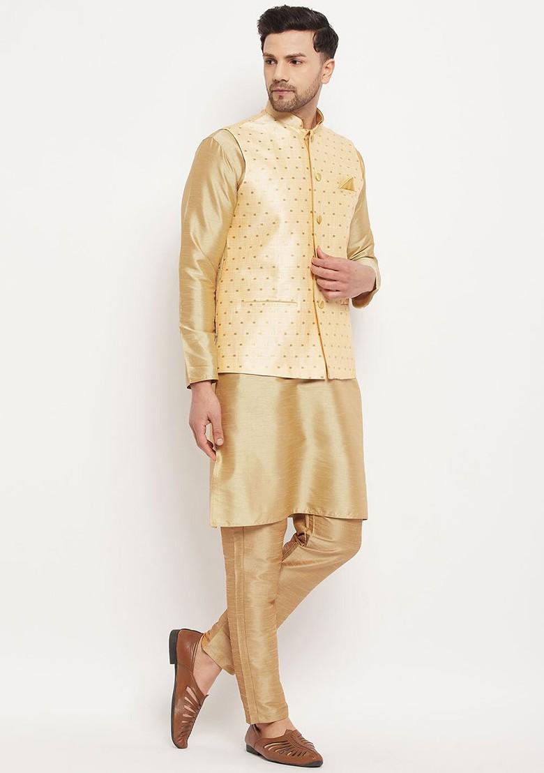 Gold Solid Poly Blend Kurta Set For Men