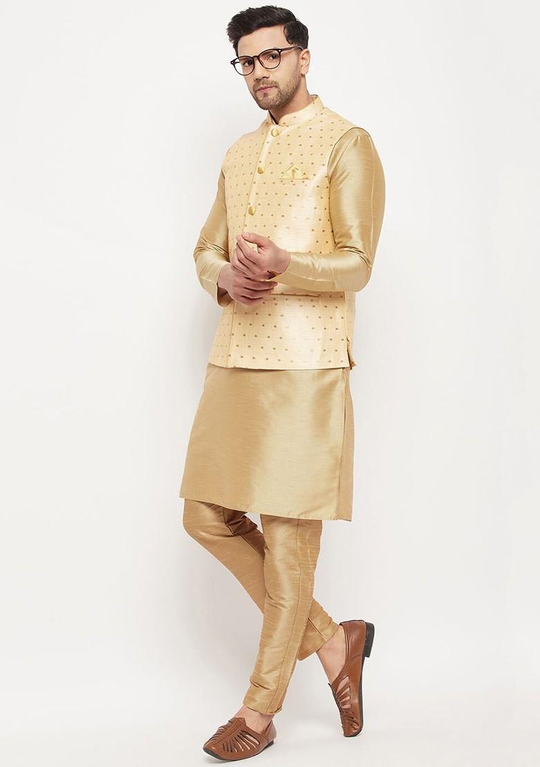 Gold Solid Poly Blend Kurta Set For Men