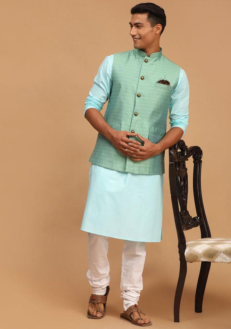 Blue Solid Silk Kurta Set For Men