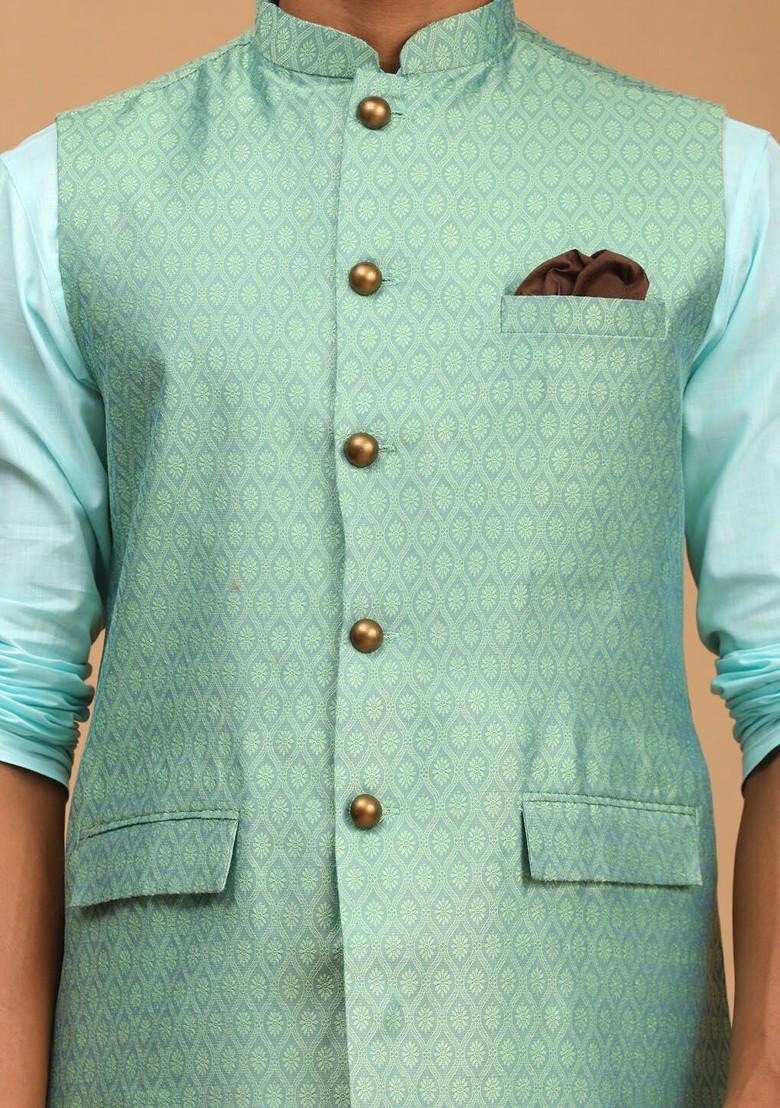 Blue Solid Silk Kurta Set For Men