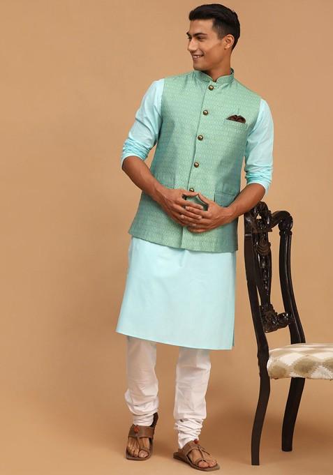 Blue Solid Silk Kurta Set For Men — view on Indya