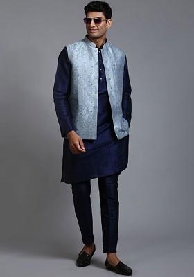 Navy Blue Sequin Work Poly Blend Kurta Set For Men