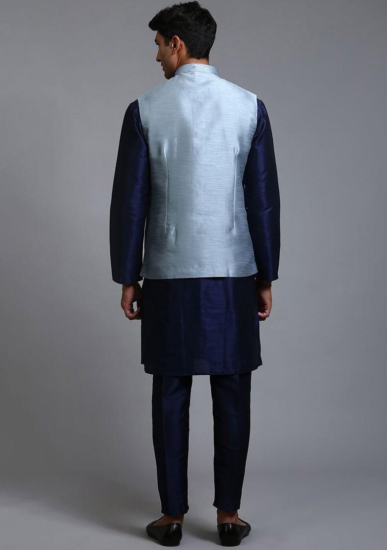 Navy Blue Sequin Work Poly Blend Kurta Set For Men