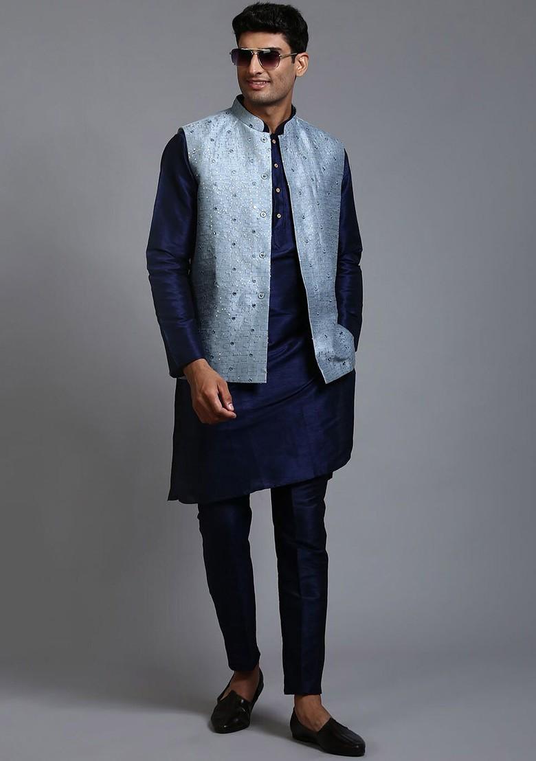 Navy Blue Sequin Work Poly Blend Kurta Set For Men