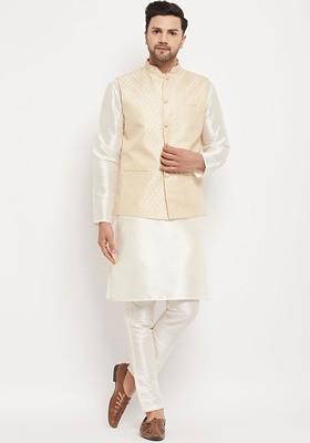 Off White Solid Poly Blend Kurta Set For Men